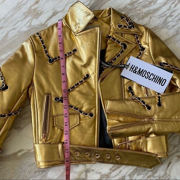 Gold Leather Moschino “H&Moschino” Chains Jeremy Scott Cropped Jacket NWT - Picture 10 of 17